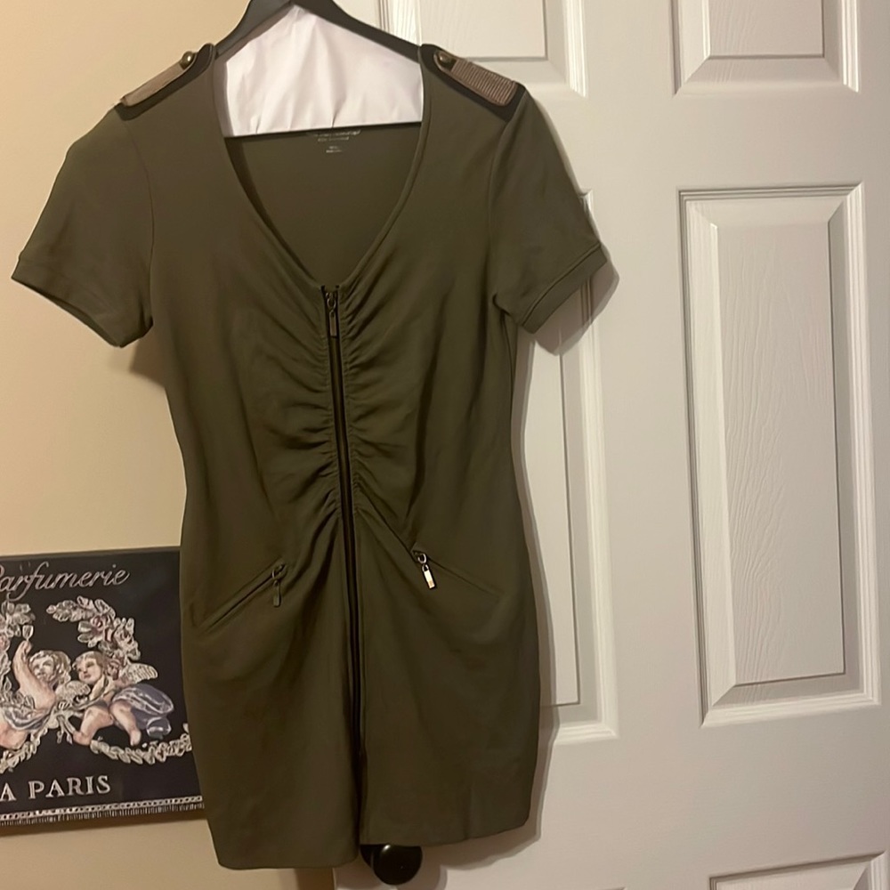 Soft surroundings bodycon dress with zipper and gold details on shoulders med.